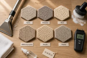 Different carpet fiber types used to determine whether steam cleaning or shampooing is the safer cleaning method.