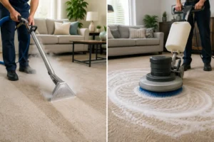 Professional carpet steam cleaning vs carpet shampooing comparison in a modern living room
